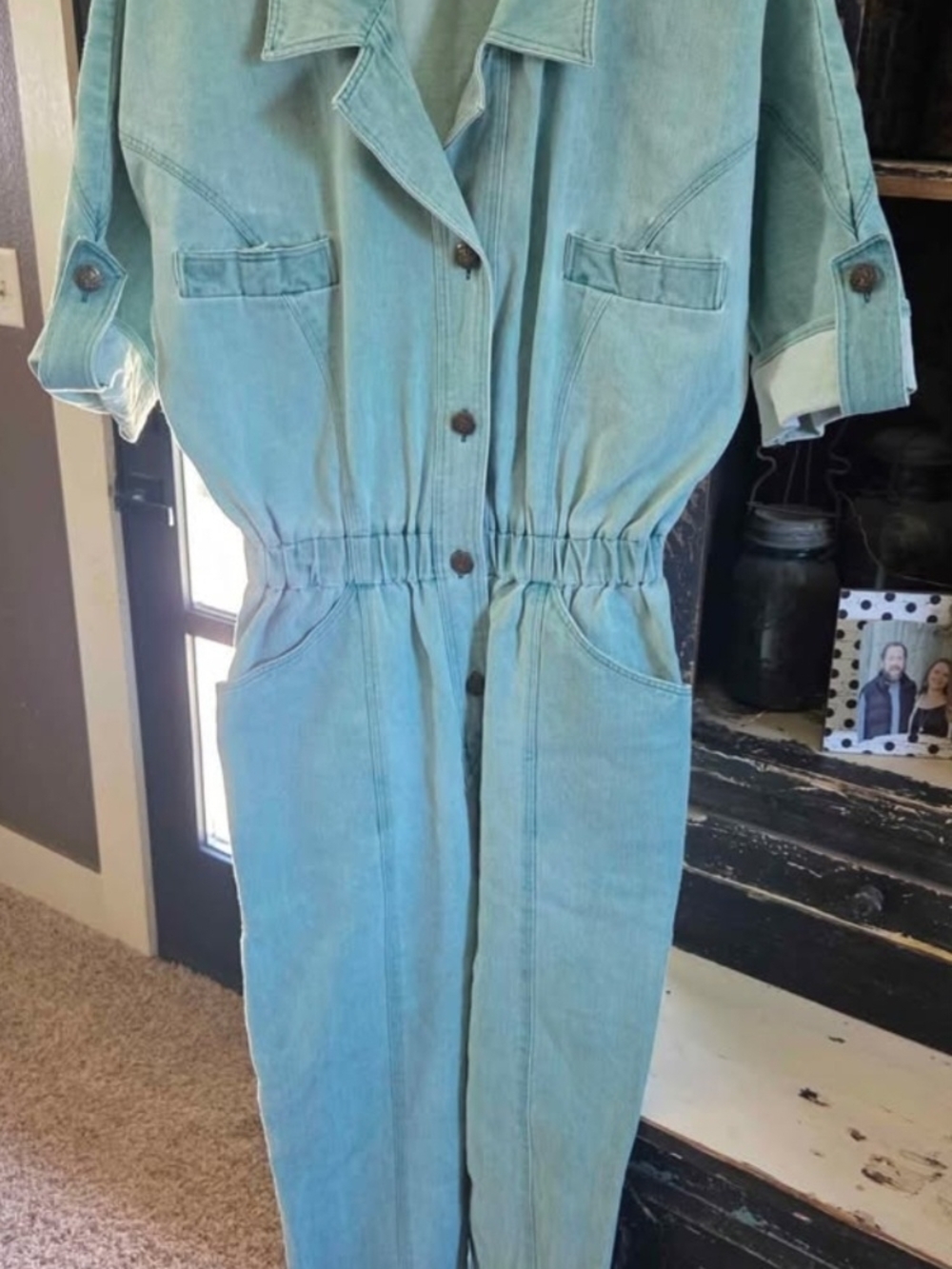 Light Teal Denim Jumpsuit - Button Front